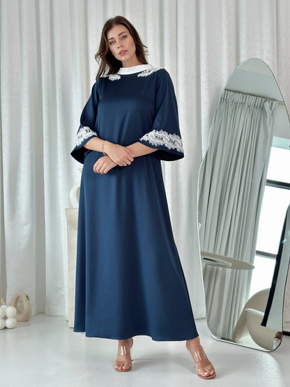 Navy Blue Kaftan with Handmade Embroidery