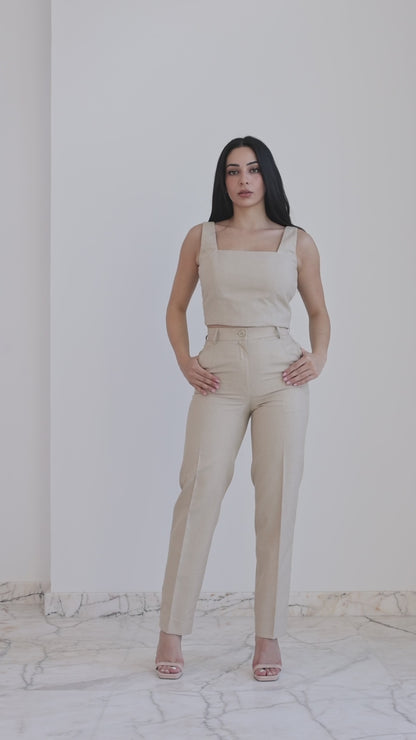 Beige Cotton Straight Pants